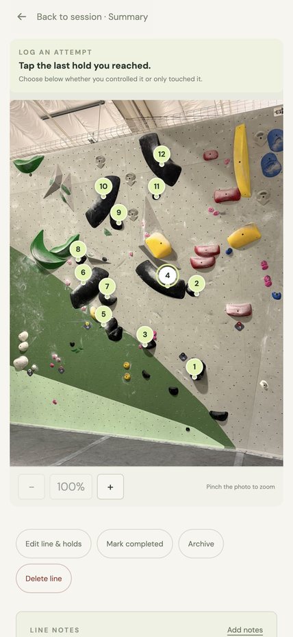 Logging an attempt: tapping the last hold reached on the wall photo