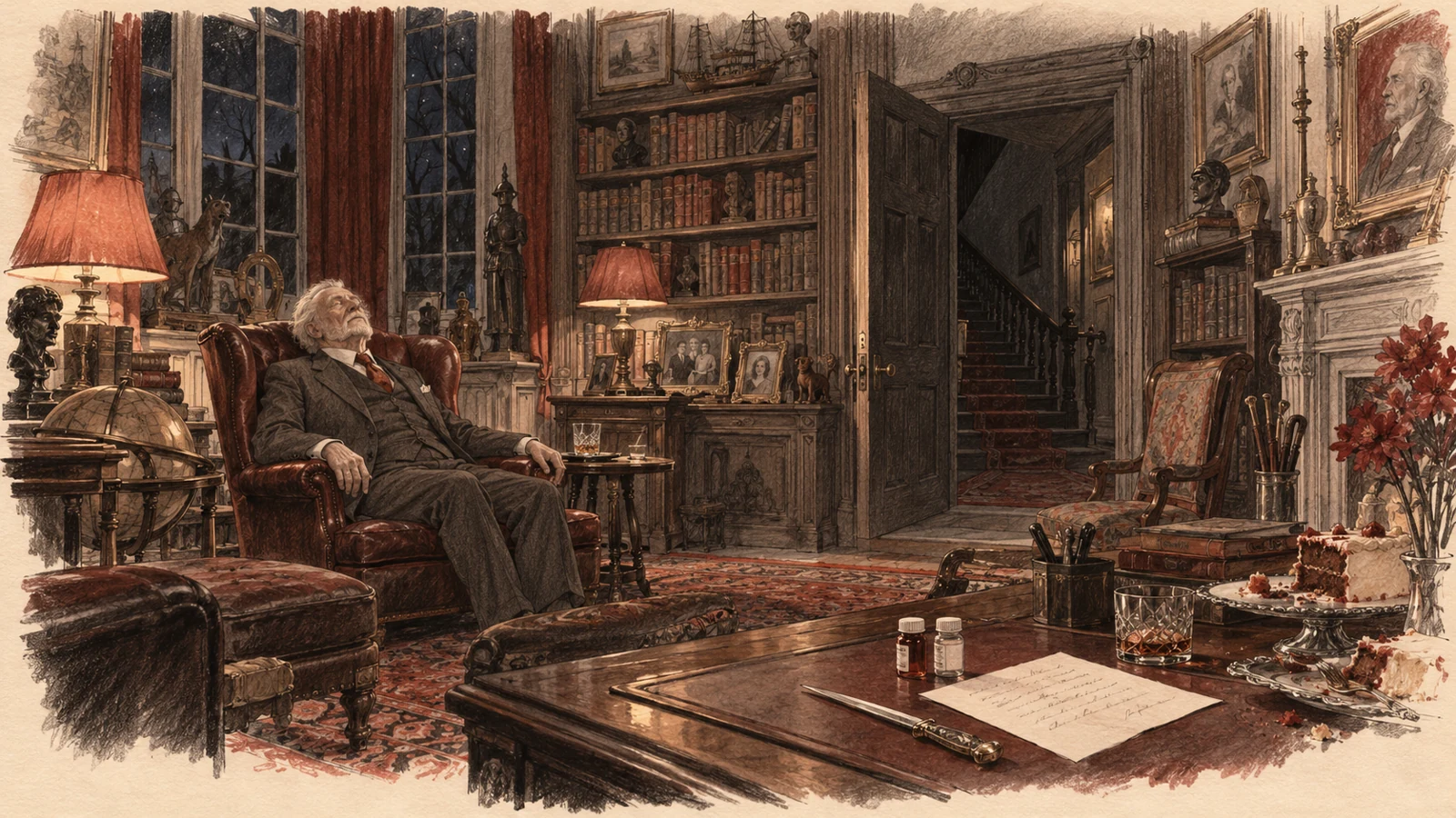 A hand-drawn view of Harlan Thrombey’s study: an armchair, bookshelves, birthday remnants and medicine bottles on the desk.